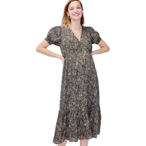 Hatch Emmeline Floral V-Neck Midi Maternity Dress Sz 4/XL Black Blue Peach  Ivory